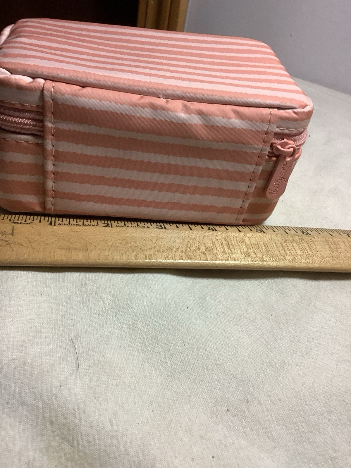 Thirty One Portable/Travel Jewelry Pouch/ Case Peach Stripes EUC