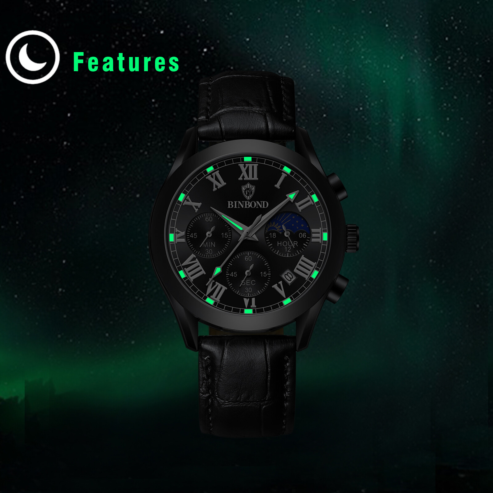 Men’s Waterproof Chronograph Dial Leather Band Causal Analog Quartz Date Watch