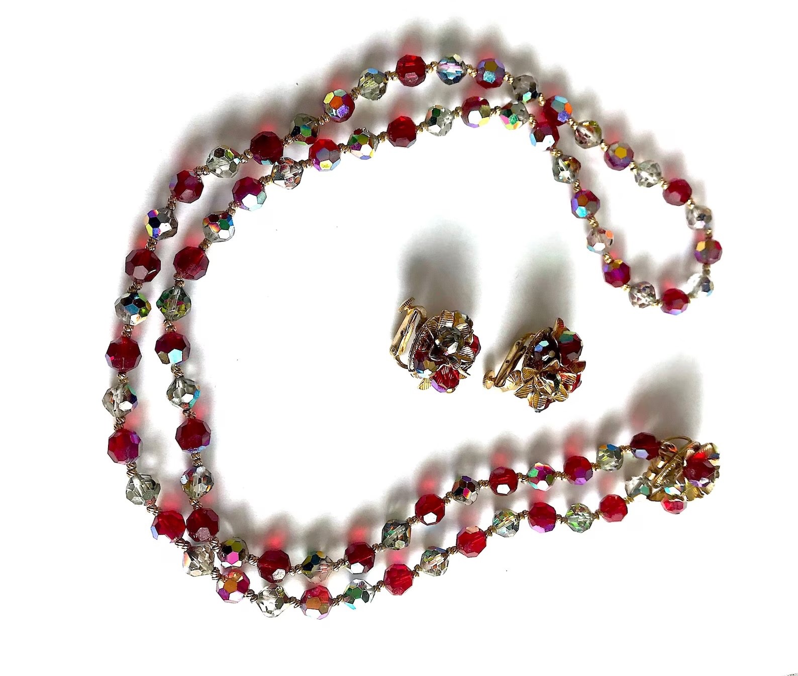 Vendome Signed Beaded Necklace And Matching Clip On Earrings Red Iridescent