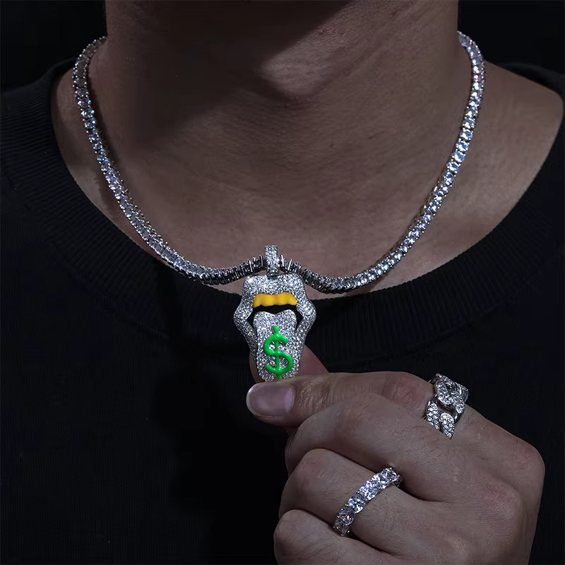 Glow in Dark Dollar Lips Pendant 925 Silver Moissanite 14k White Gold Plated