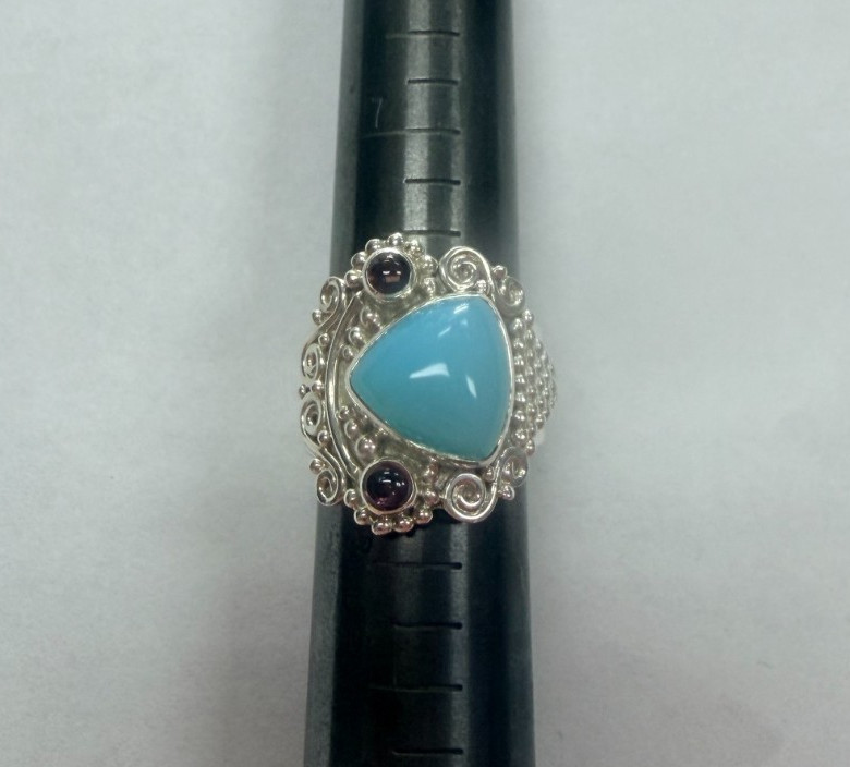 Sajen Silver Ring (Size 9) with Sea Blue Chalcedony Stone [076DUW]