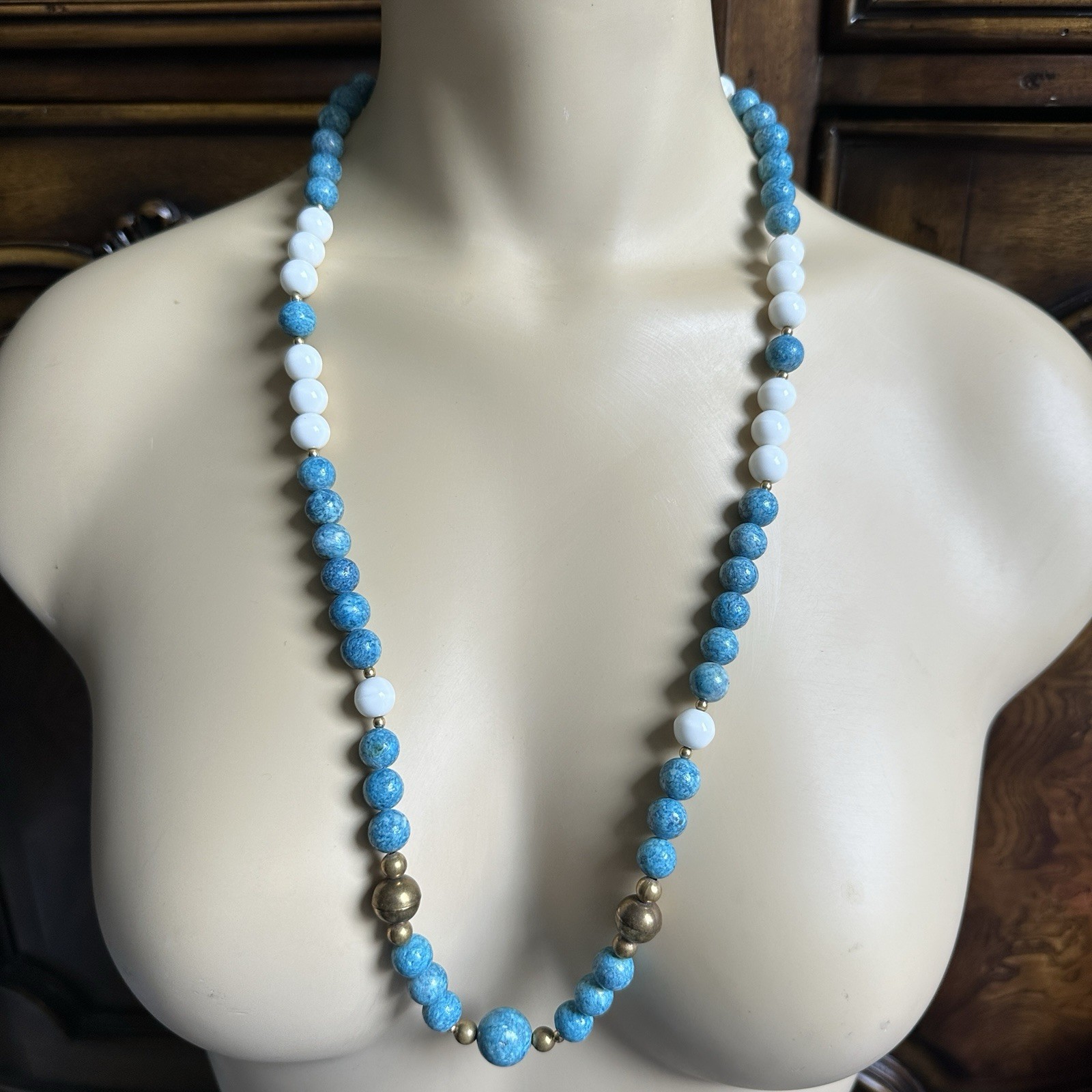 Vintage Asia Artisan Beaded Necklace 28 Inch Blue White Gold Plated Round Strand