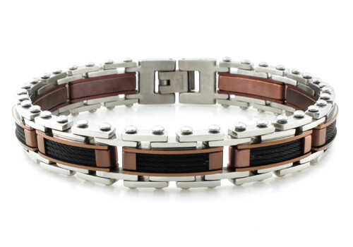 Stainless Steel Bronze Two Tone Black Cable Contemporary Link Mens Bracelet 8.5″