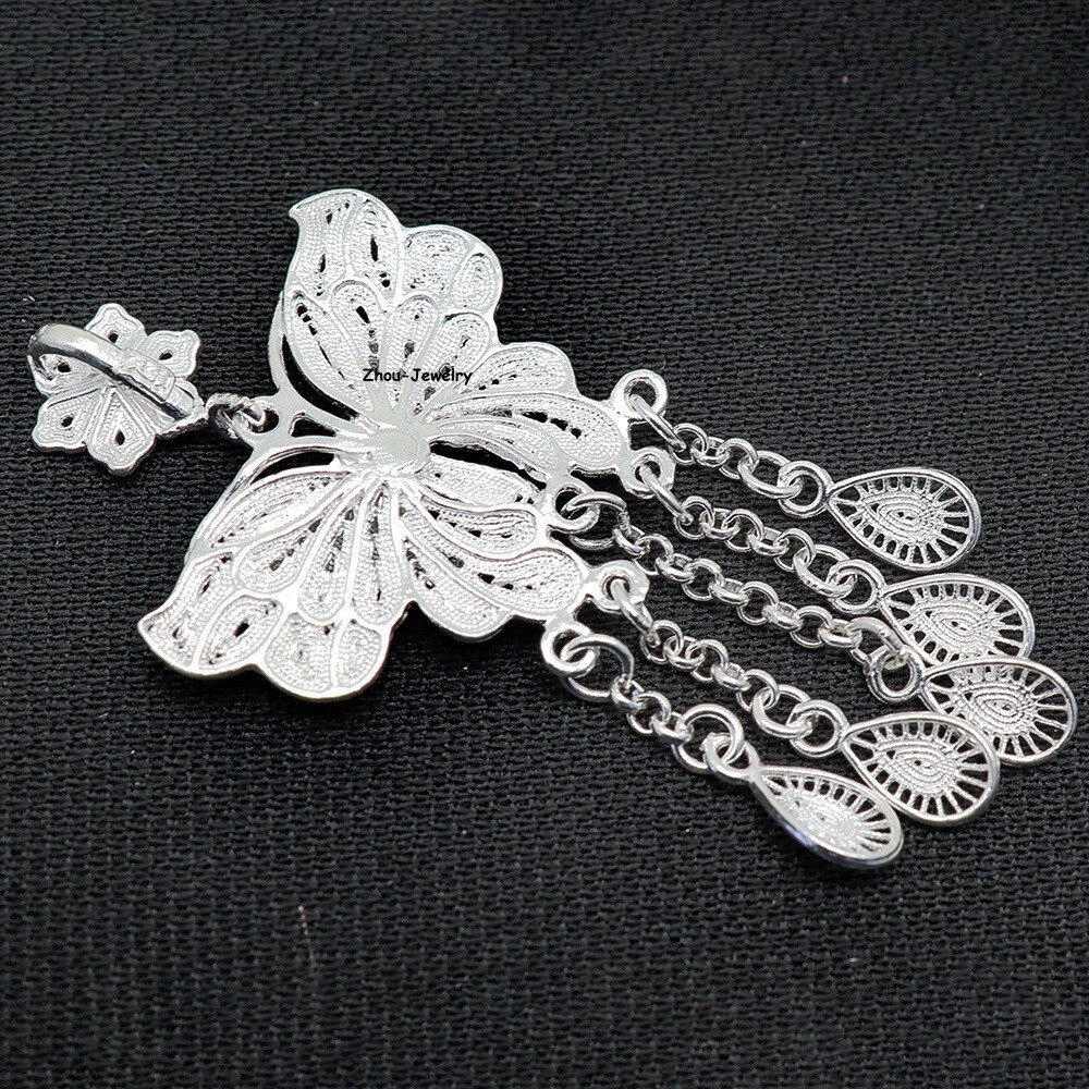 Pure S999 Sterling Silver Pendant Women Butterfly Tassels Pendant 3-4g 51*25mm