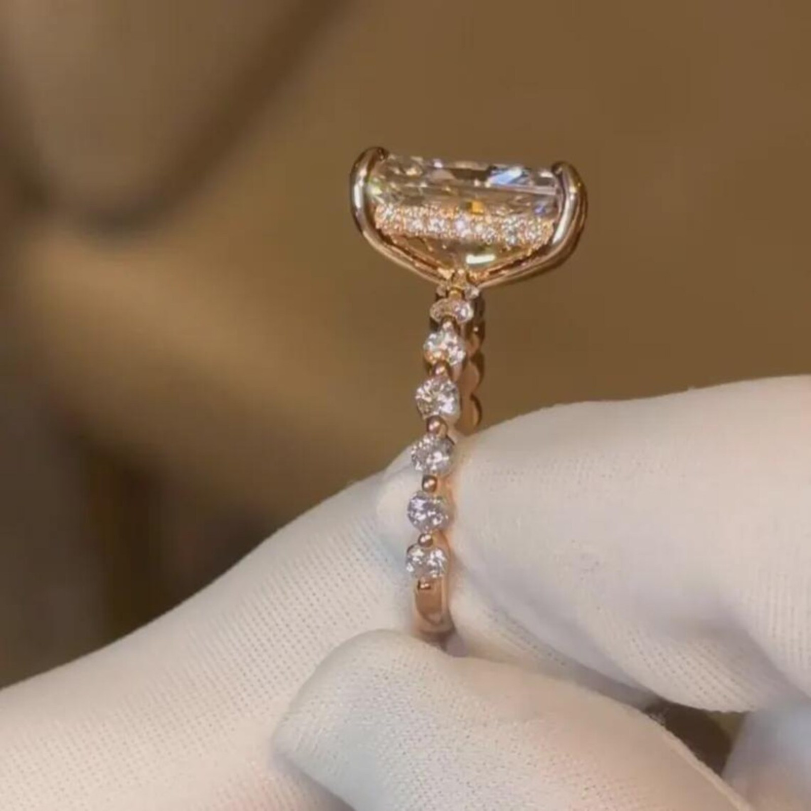 5 CT Radiant Lab Grown Diamond Engagement Ring With Twist Pave Band | 14k Gold