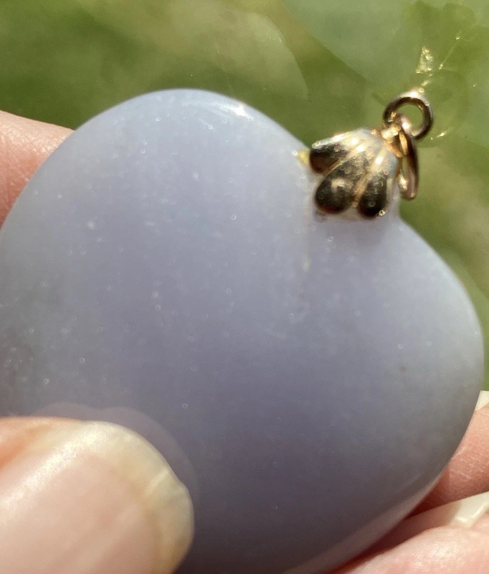 Estate Lavender Jade Heart Pendant 14K Gold Bail Presidium Tested 32mm