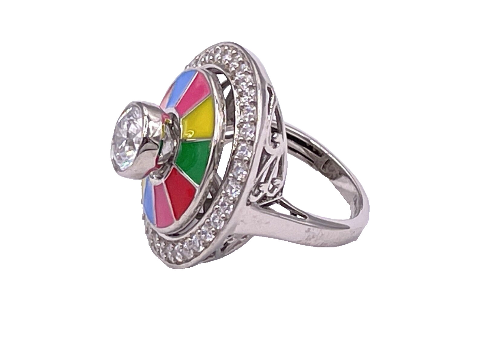 STATEMENT Ring Round 70’s 80’s Multi Color Enamel CZ Halo (6) Plat/Sterling NEW