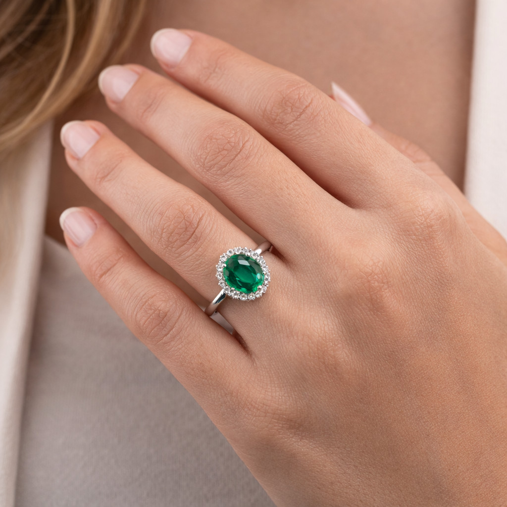 Oval Natural Emerald & Diamond Wedding Gift Ring 14k White Gold (Import Free)