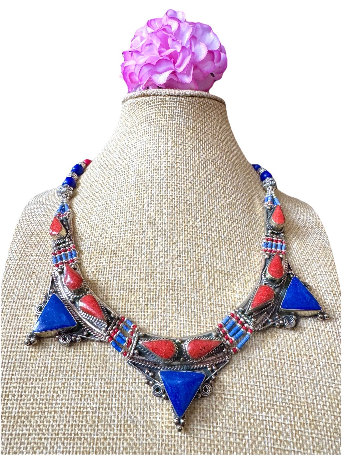 Vintage Ethnic Tribal Pyramid Design Handmade Silver Necklace Inlay Stones 116gr