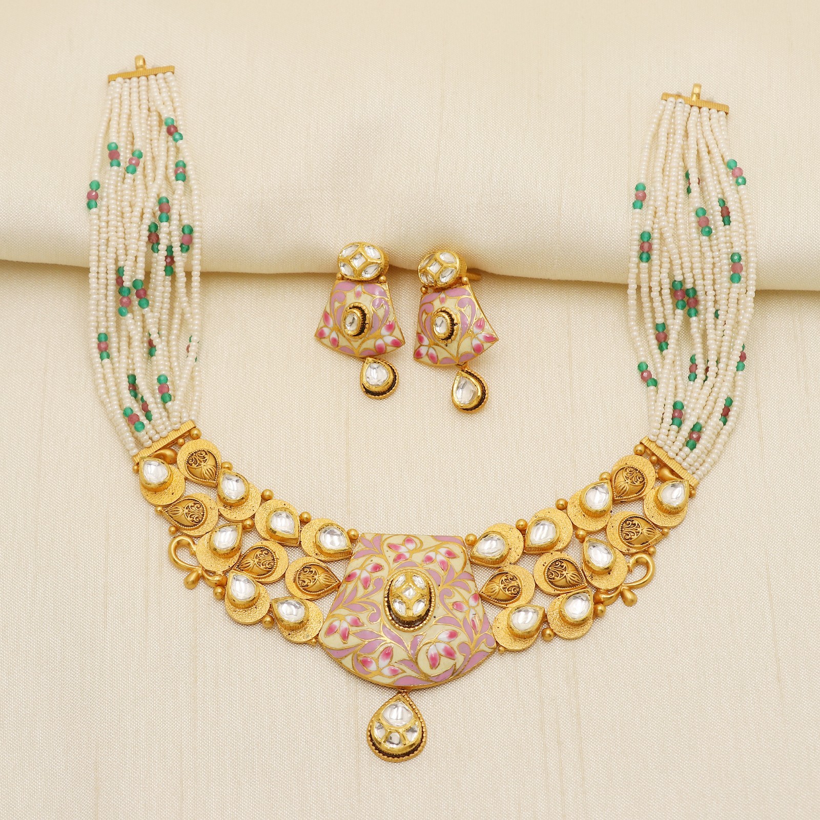 22K Yellow Gold Kundan Enamel Necklace Earrings Set Pearl Beads 25.11g