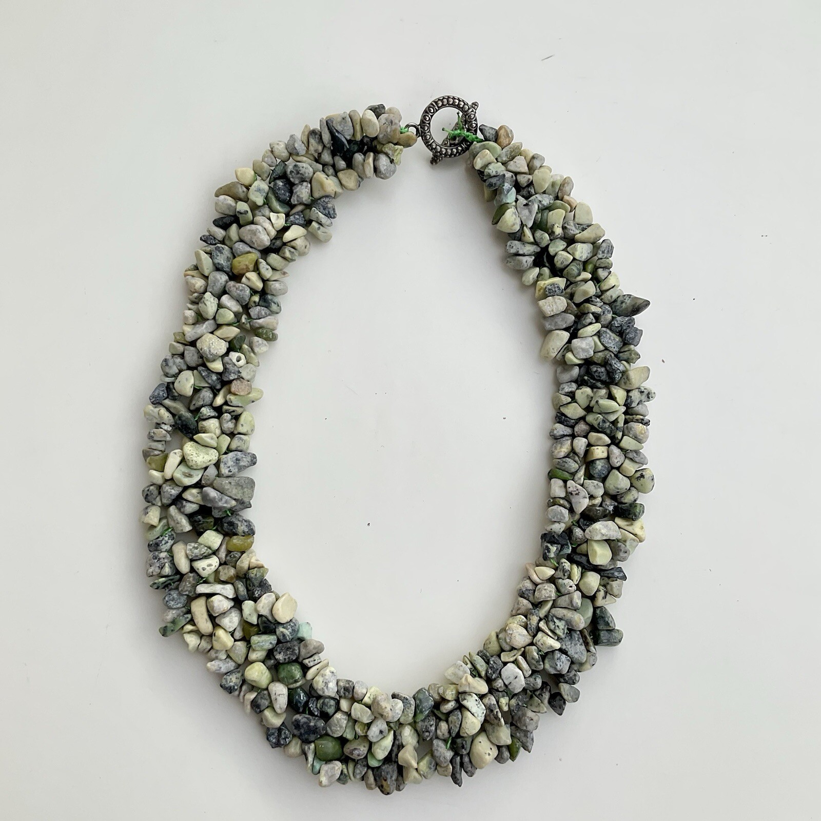 Handcrafted Green & Beige Chipped Gemstone Collar Statement Necklace, 17 Inches