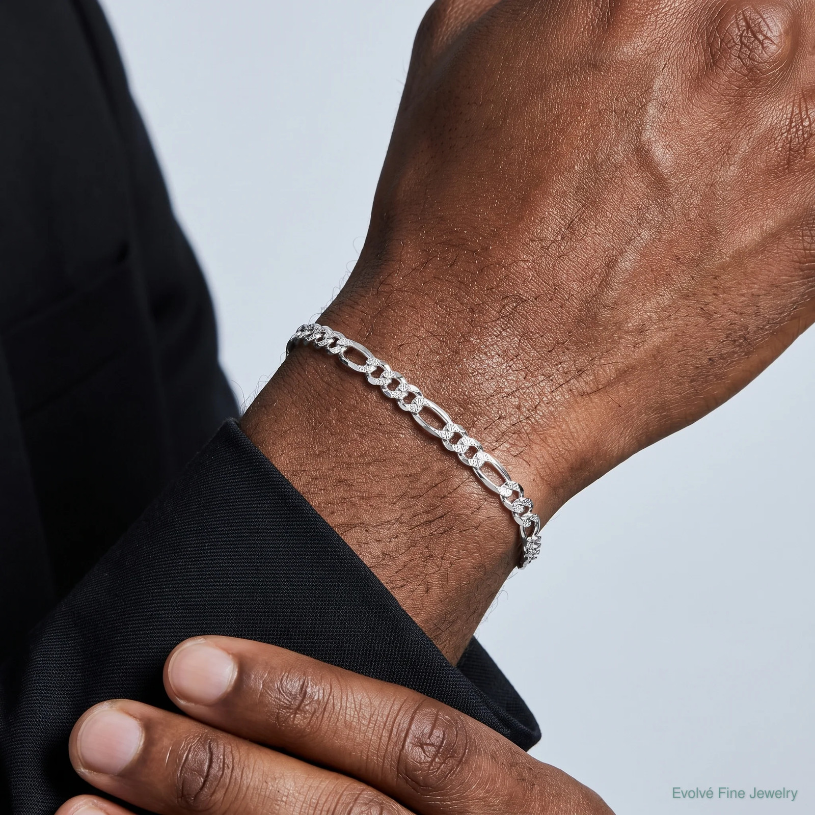 Sterling Silver Rhodium-Plated 4.3mm Pavé Flat Figaro Chain Bracelet 7″-9″
