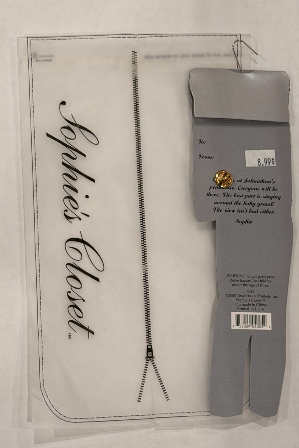 Sophie’s Closet Blue Suit Greeting Card And Blue Gemmed Purse Pin Vintage