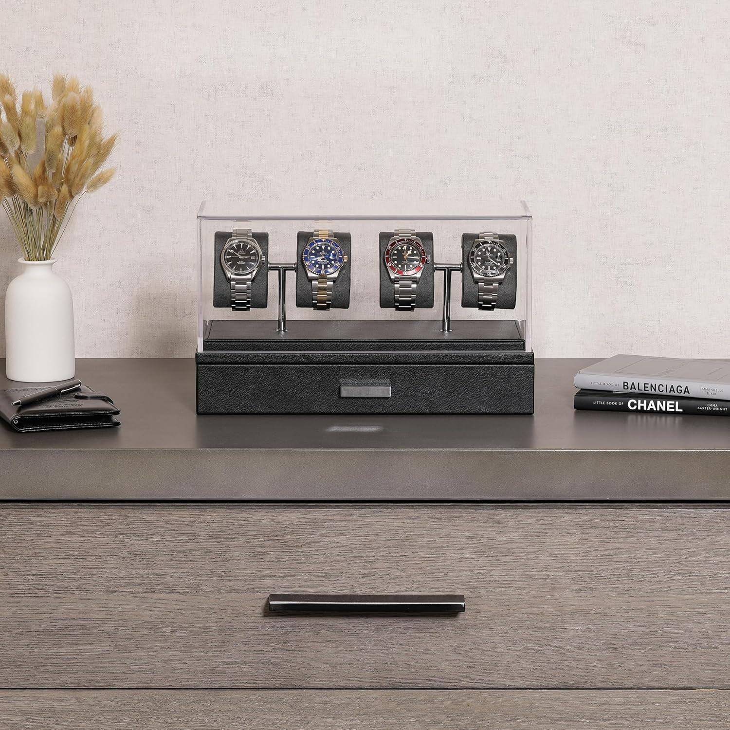 Elegant Leather Watch Display Case for 4 with Removable Cushions and Drawer
