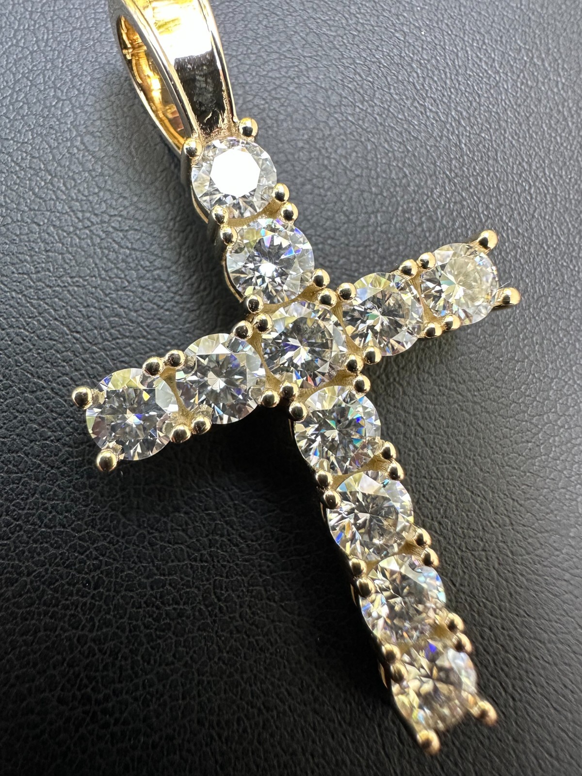 Real MOISSANITE Solid 10k Yellow Gold Iced Tennis Cross Pendant Necklace 5 Sizes