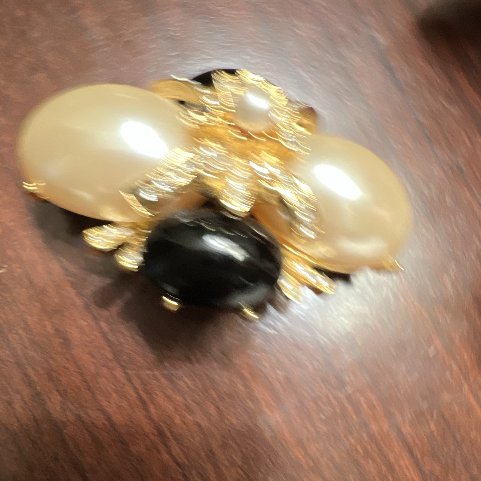 Vintage Signed Joan Rivers Faux Pearl & Black Enamel & Crystal Gold Tone Brooch