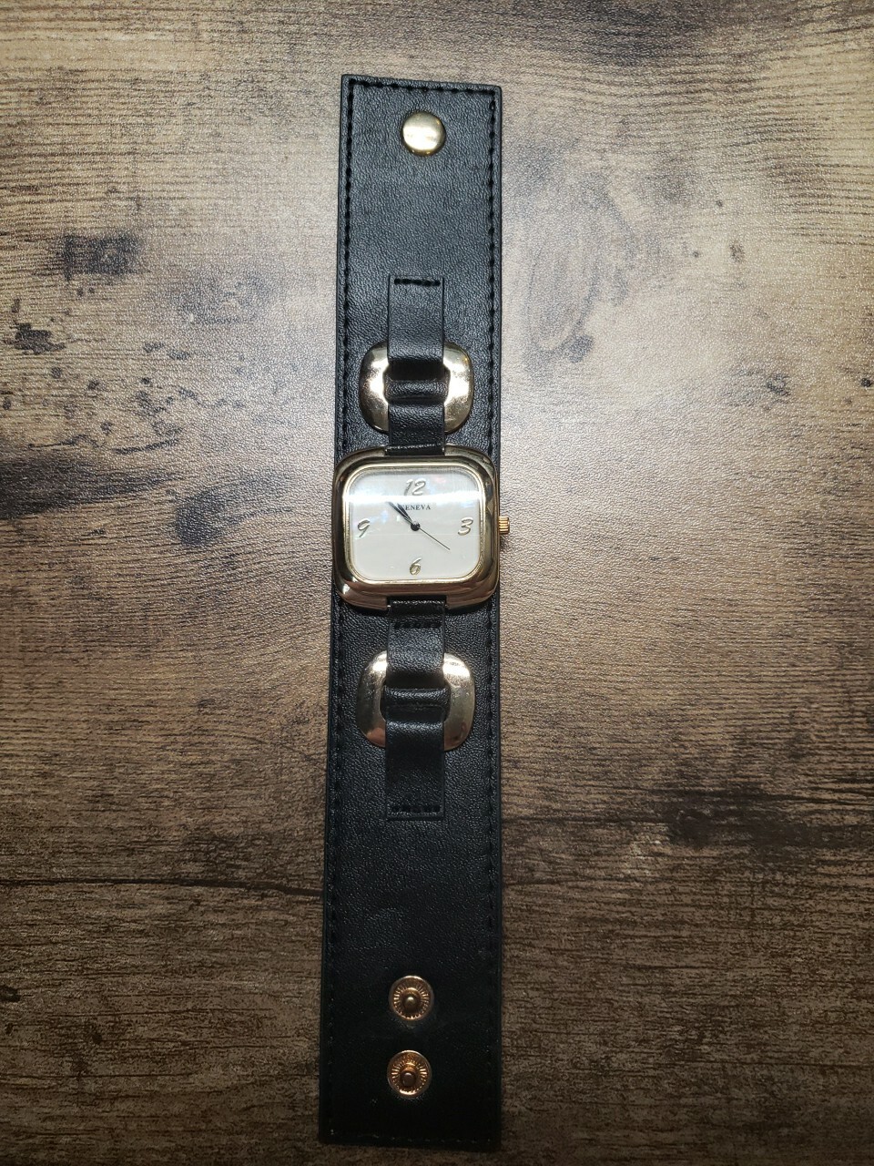 Geneva 10420 Wide Black Band Wristwatch, Mother of Pearl, New Battery