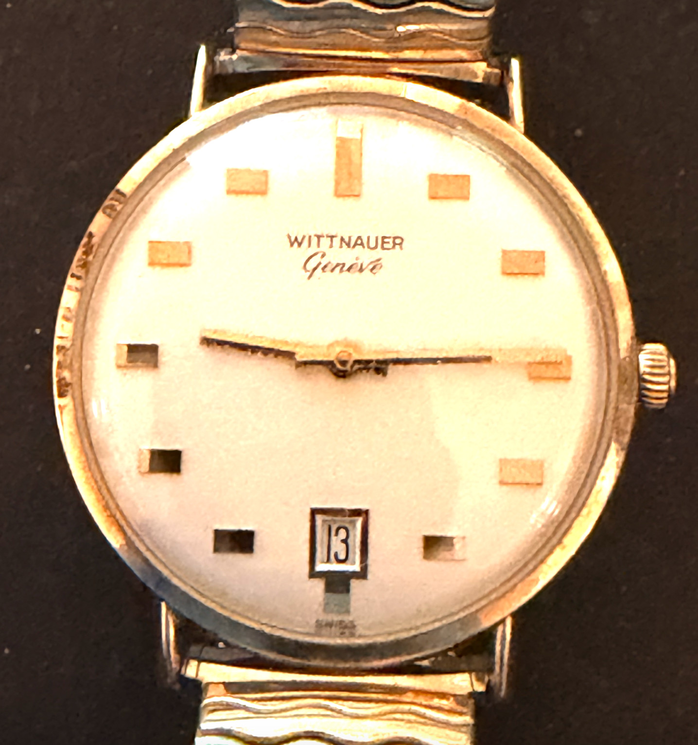 Vintage 1968 Wittnauer Geneve Men’s Watch Running 34.4mm Case Linen Dial Swiss