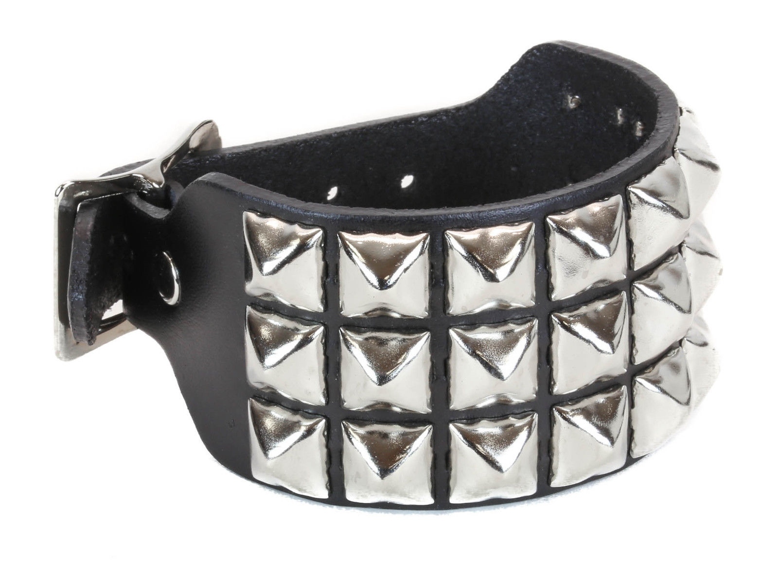 3 Row Pyramid Stud Buckle Bracelet Punk Goth Club Rockabilly Heavy Metal Music