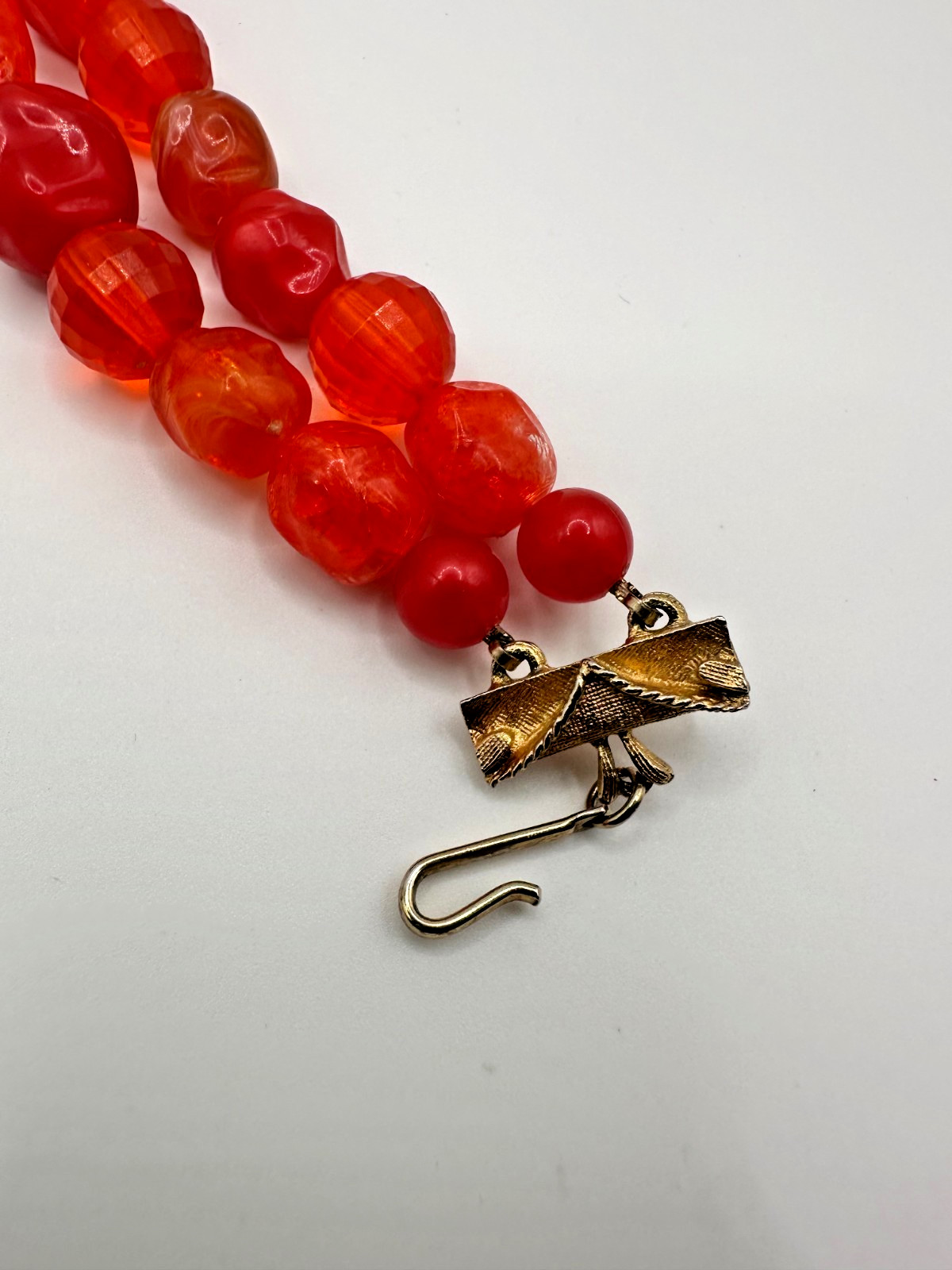 Gorgeous Signed Coro 2 Strand Beaded Choker Necklace Lucite Vintage Red Orange