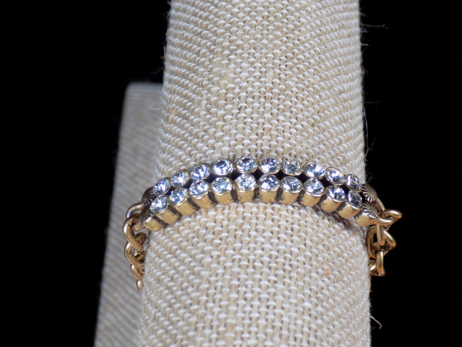 Vintage J Crew Bracelet Gold Tone Curved Bar White Colorless Rhinestones 6.5″
