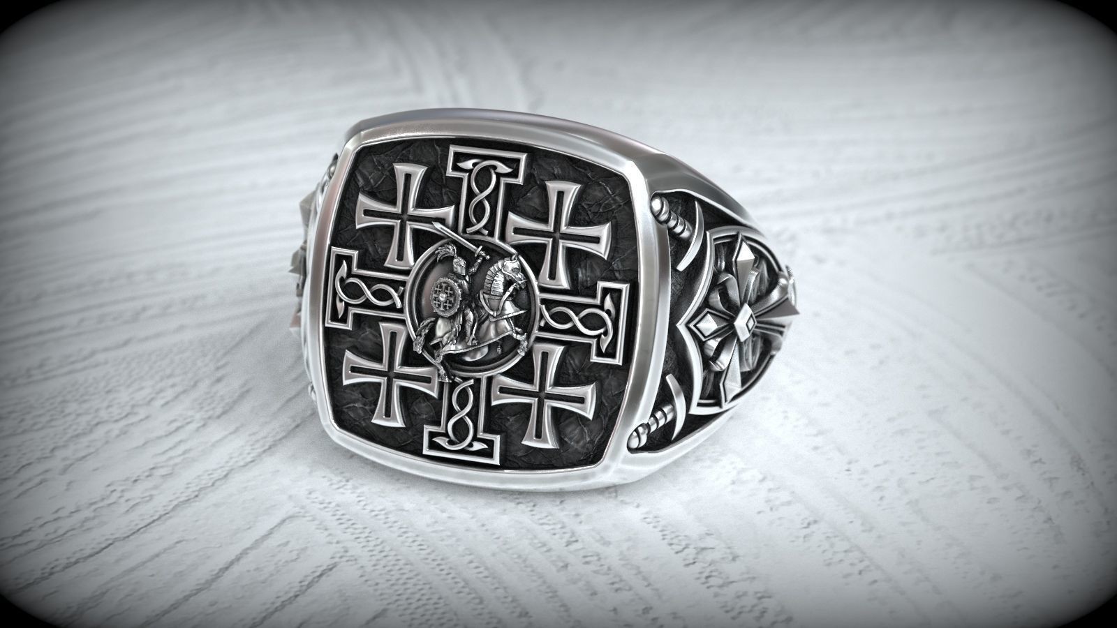 Oxidized Mens Jerusalem Cross Crusader Knight Medieval 925Silver Statement Rings