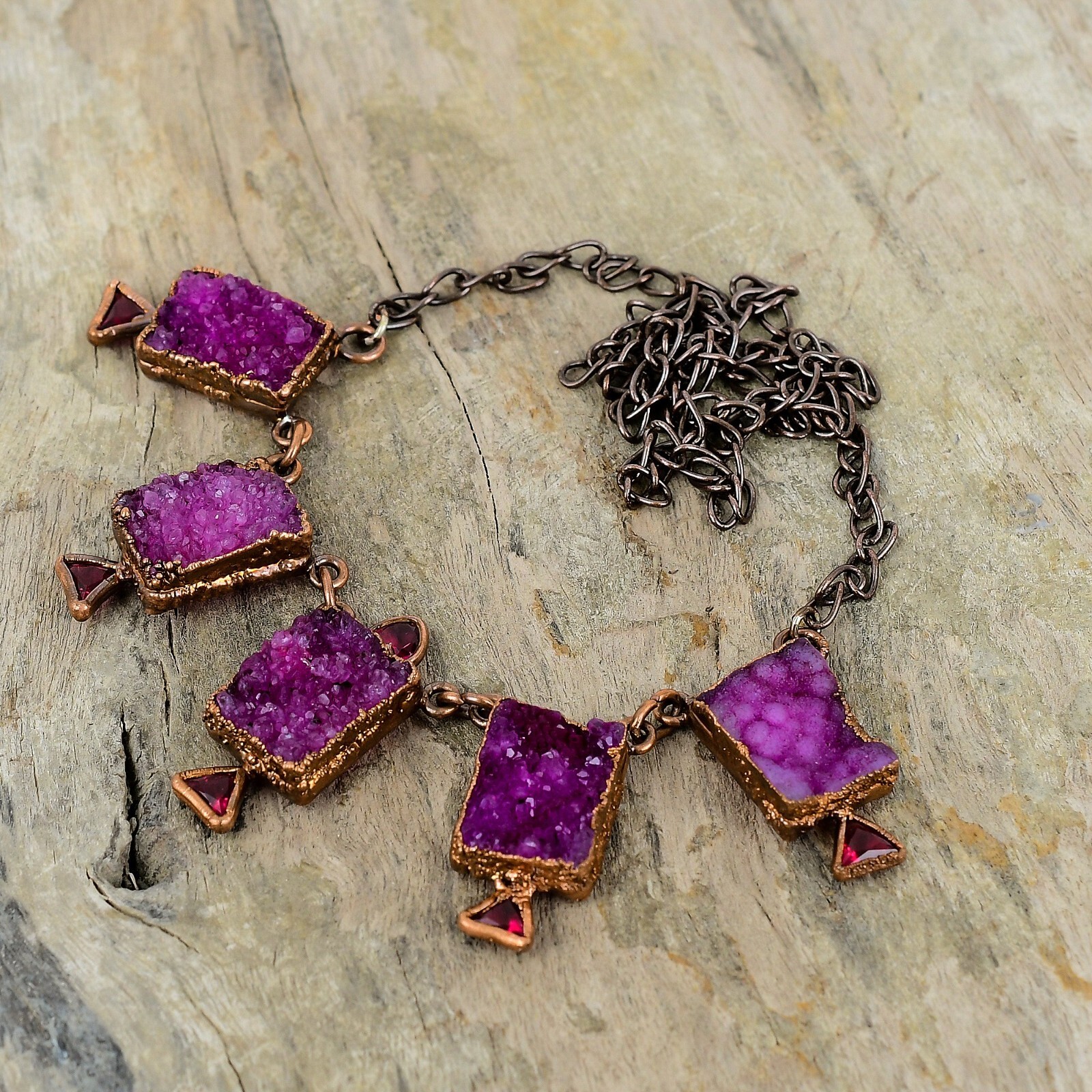 Pink Druzy Copper Electroformed Chain Adjustable Necklace For Women 18.0″