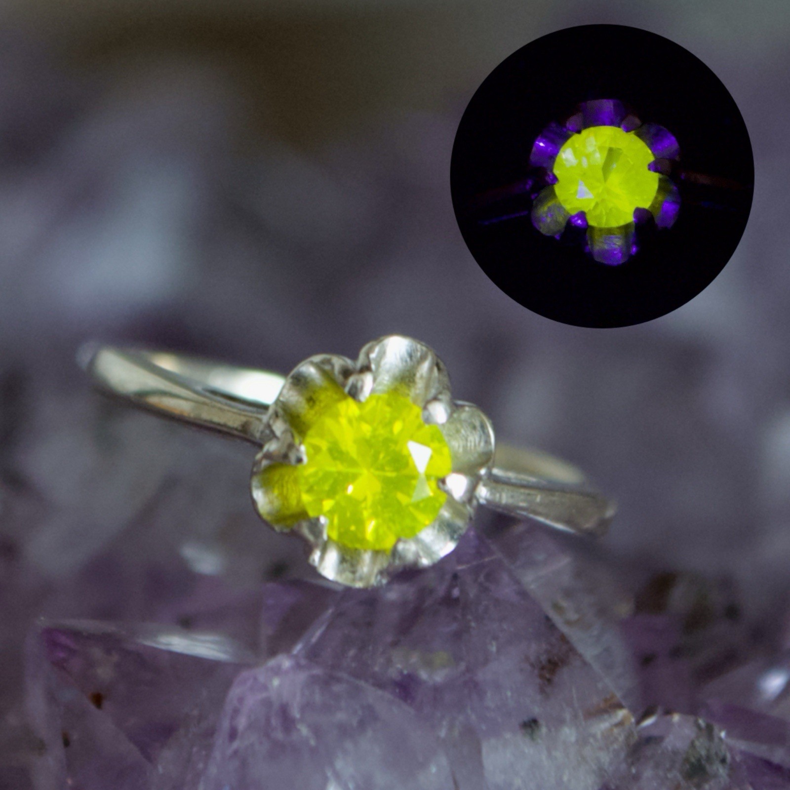 Size 6.25 14k UV Reactive YAG Yttrium Aluminum Garnet White Gold Ring