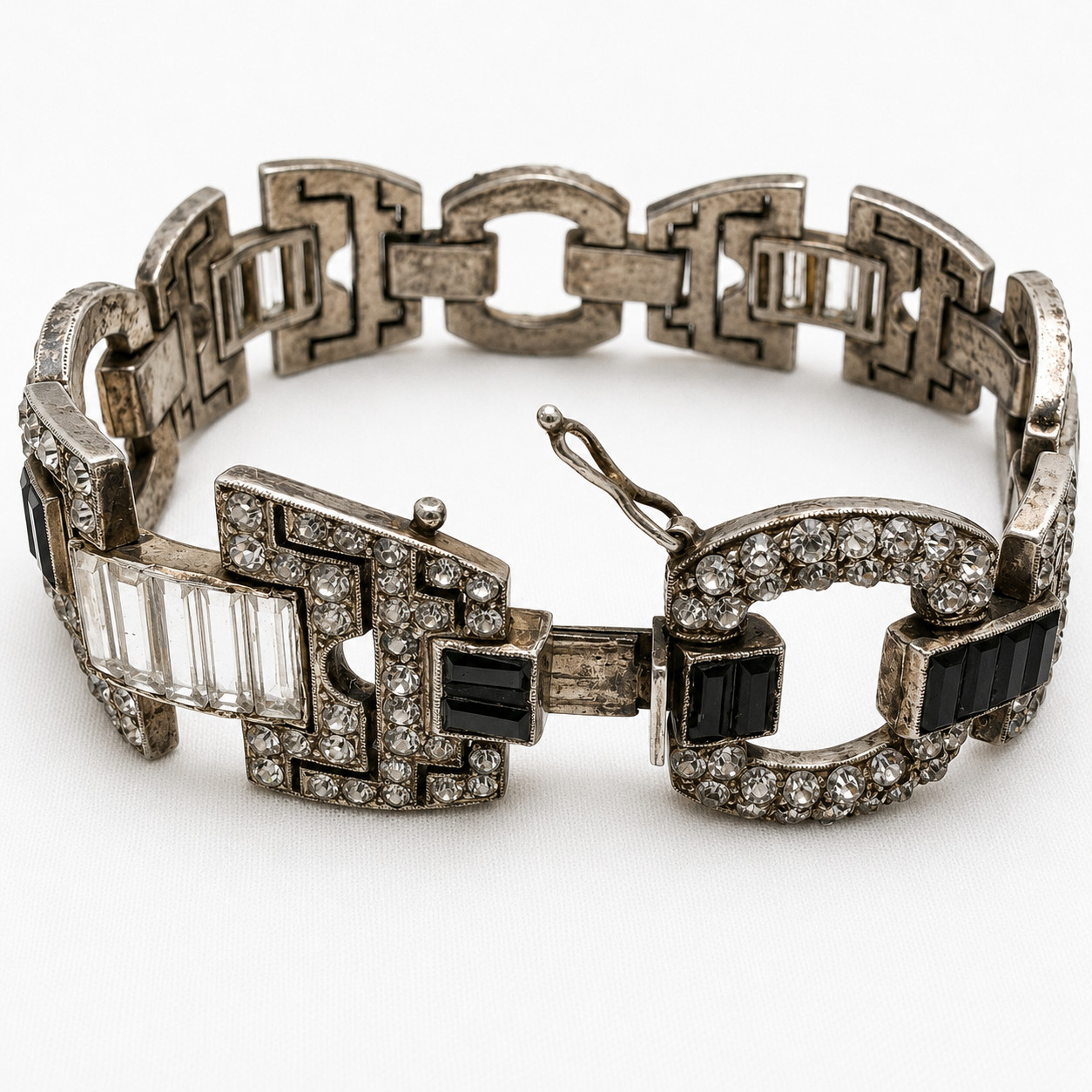 Antique Art Deco 935 Silver Bracelet Blue Clear Glass Argentina 7 7/8 in