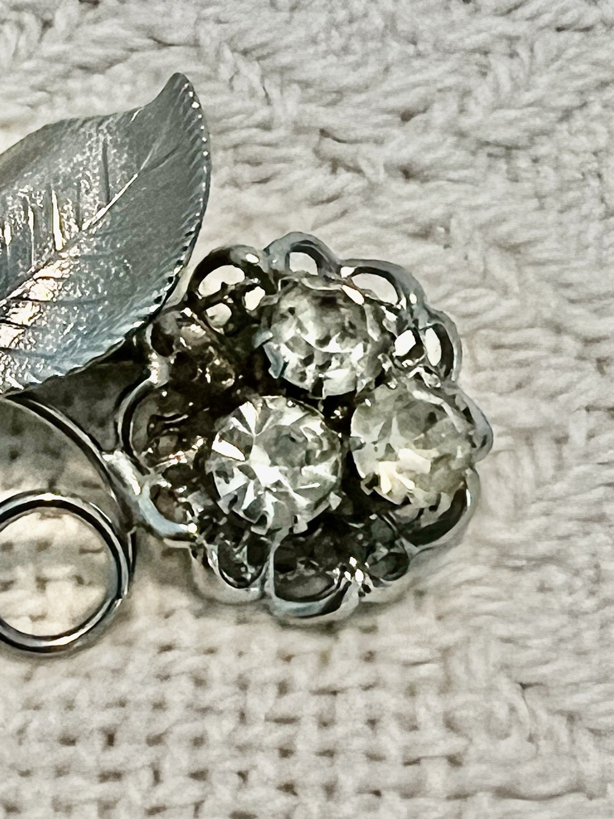 Vintage Crystal Flower Brooch Silver Metal Leaf and Filigree 1 3/4” Long