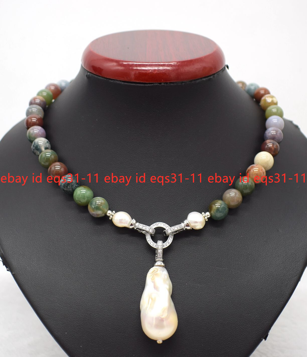 Natural Multicolor India Agate Gems & White Keshi Baroque Pearl Pendant Necklace