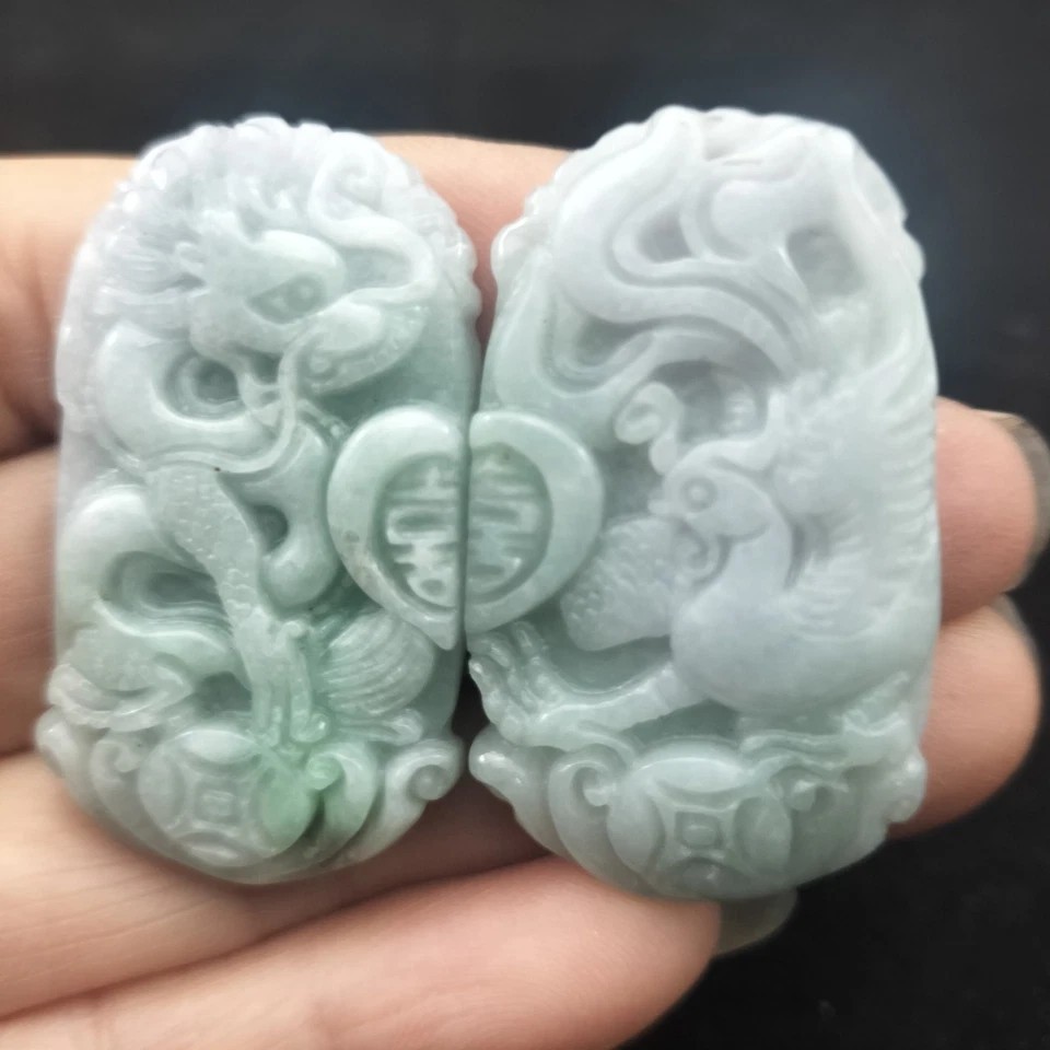 1Pair/2PCS Certified Green Natural Type A Jade Jadeite Dragon Phoenix Pendant