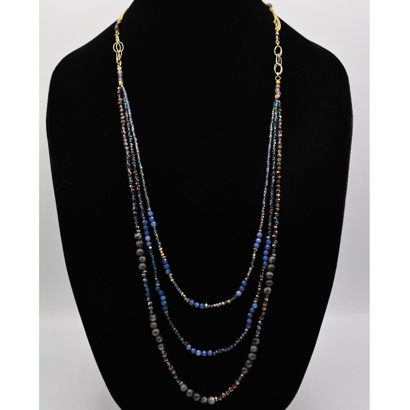 Nakamol Cabochon Necklace Blue Gray Crystal Beaded Chain Gold Tone SIgned 9J