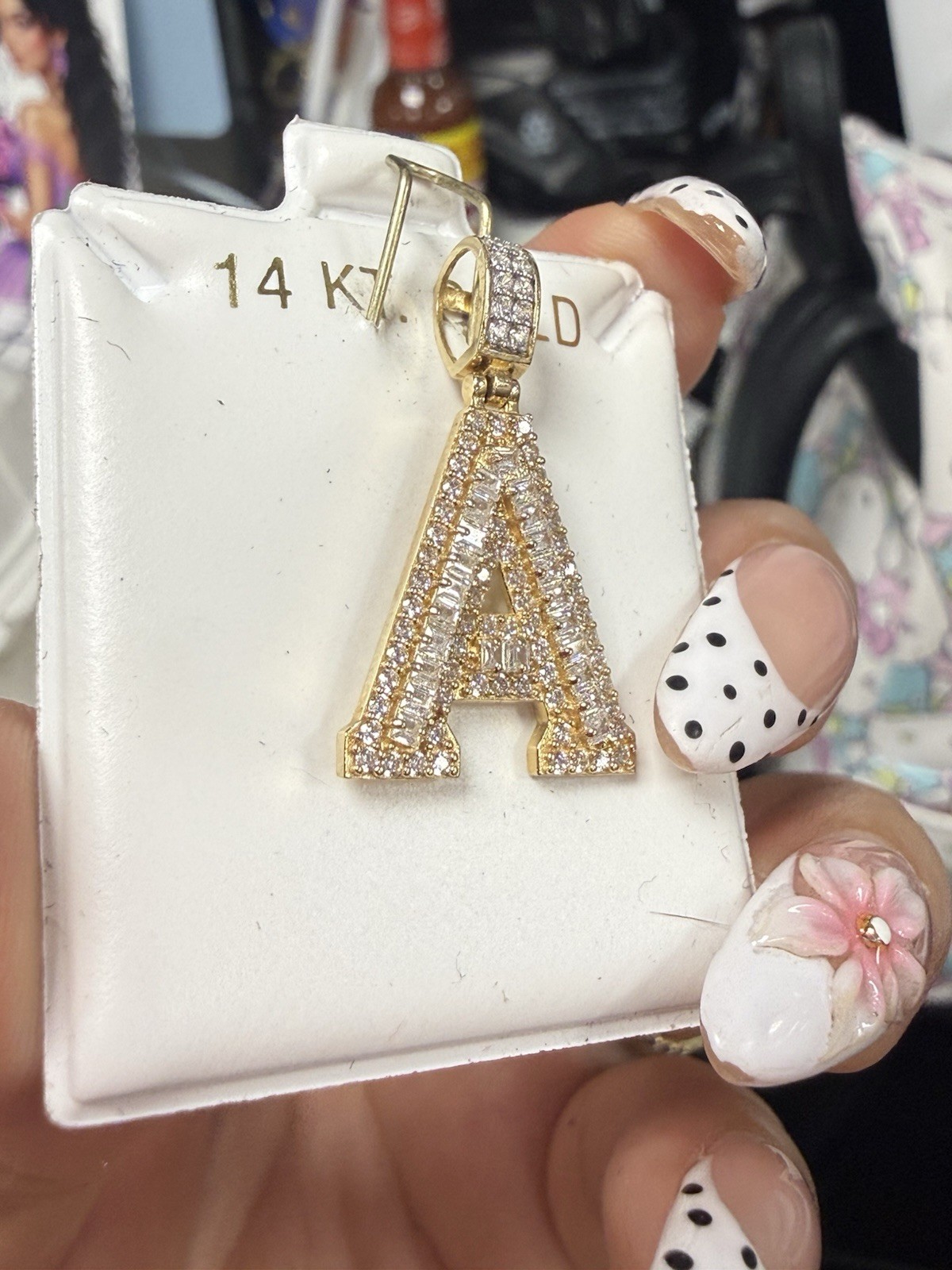 14k Yellow Gold Diamond Pavé Letter A Pendant Charm White/Colorless Baguette