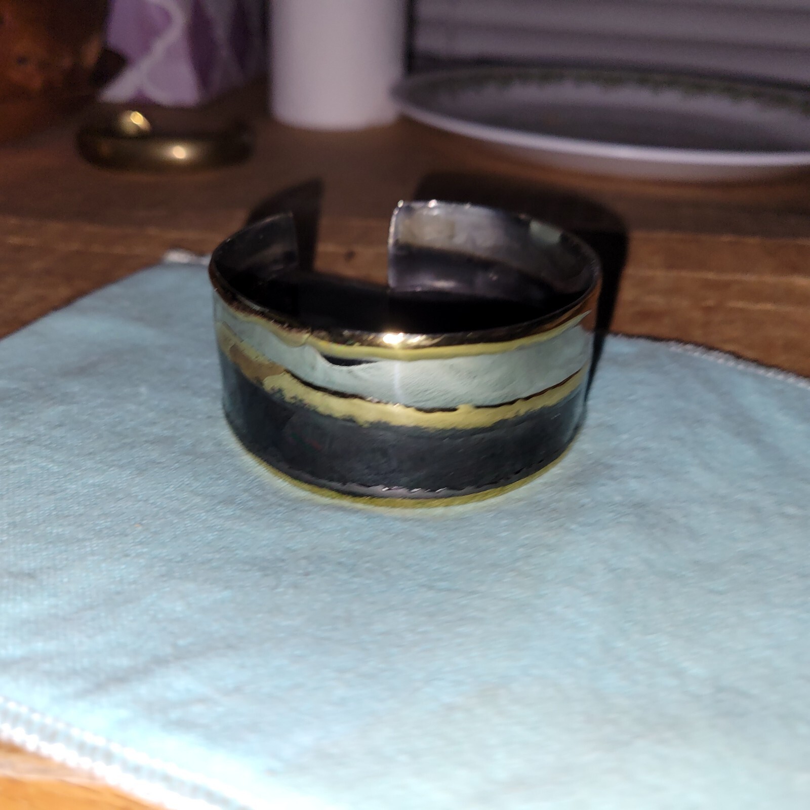 Abstract Gold Silver Black Tri-Color Cuff Bracelet