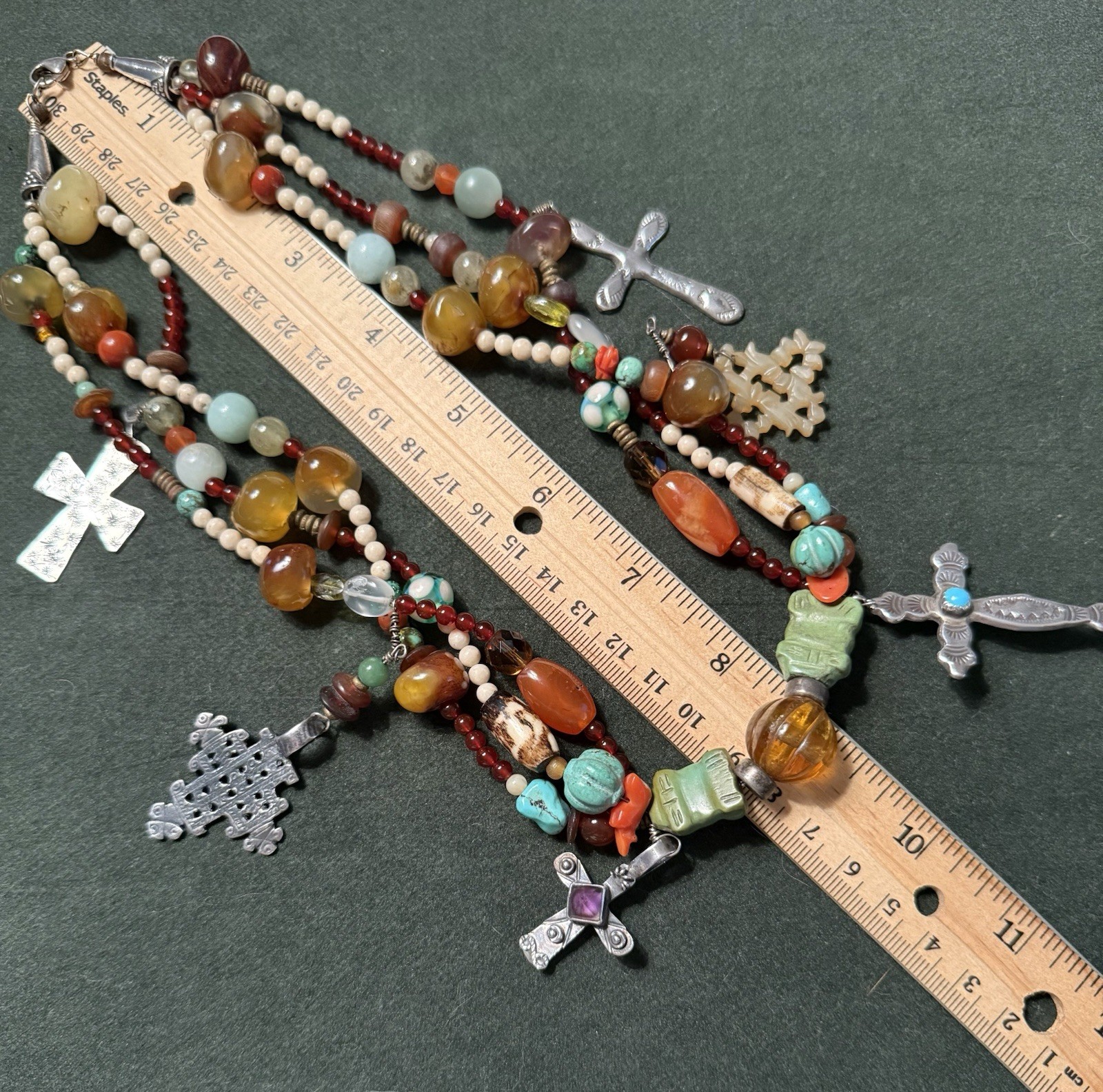 Southwestern Multicolor, 3 Strand Beaded Necklace with Crosses