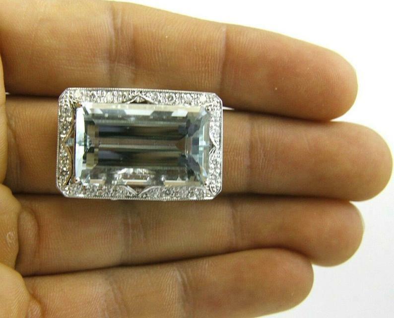 Halo 32.70CT Emerald Cut Aquamarine & Round CZ 935 Silver Women’s Solitaire Ring