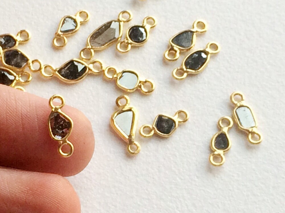 9-12mm Black Slice Raw Diamond Connector, Black Rough Diamond, 925 Silver Gold
