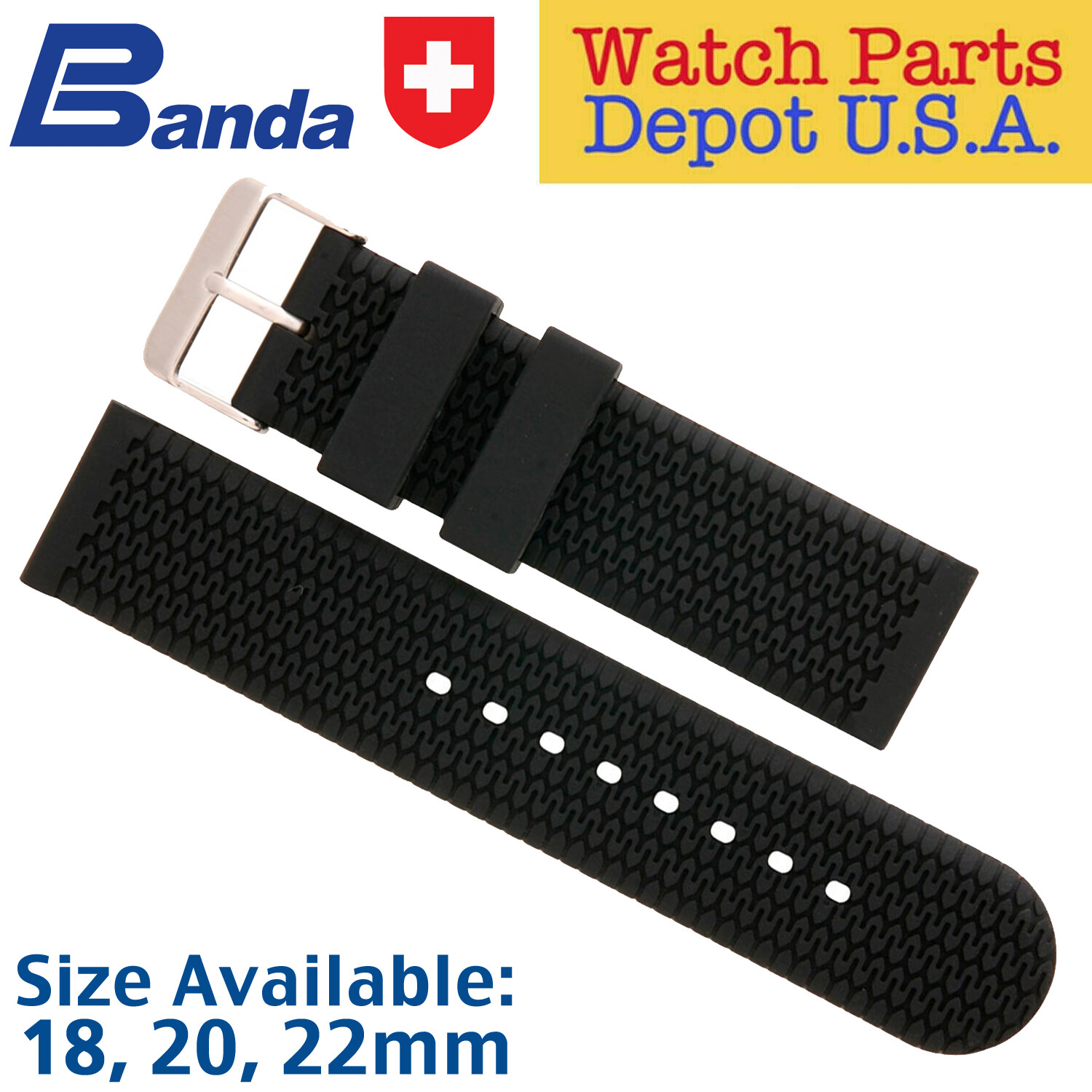 Silicone Rubber Watch Band Tire Track Racing Pattern Sports Strap Black, 18-22mm