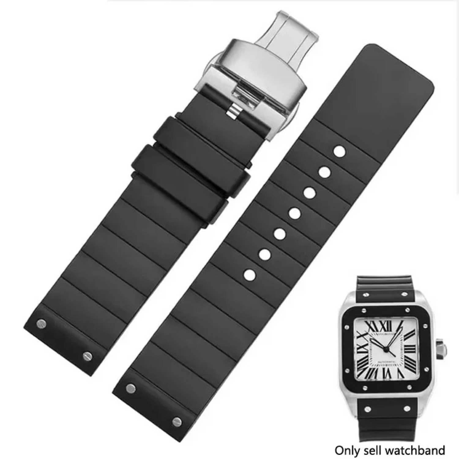 23mm Watchband For Cartier Santos 100 Rubber Band Black Rivet Silicone Strap