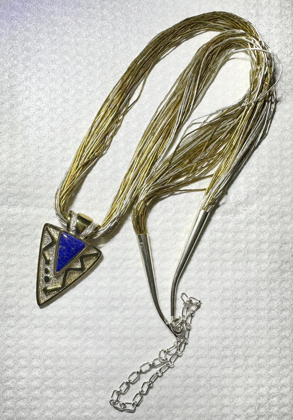 Vintage Art Deco Sterling Liquid Silver 925 Lapis Stone Necklace Funky Jewelry