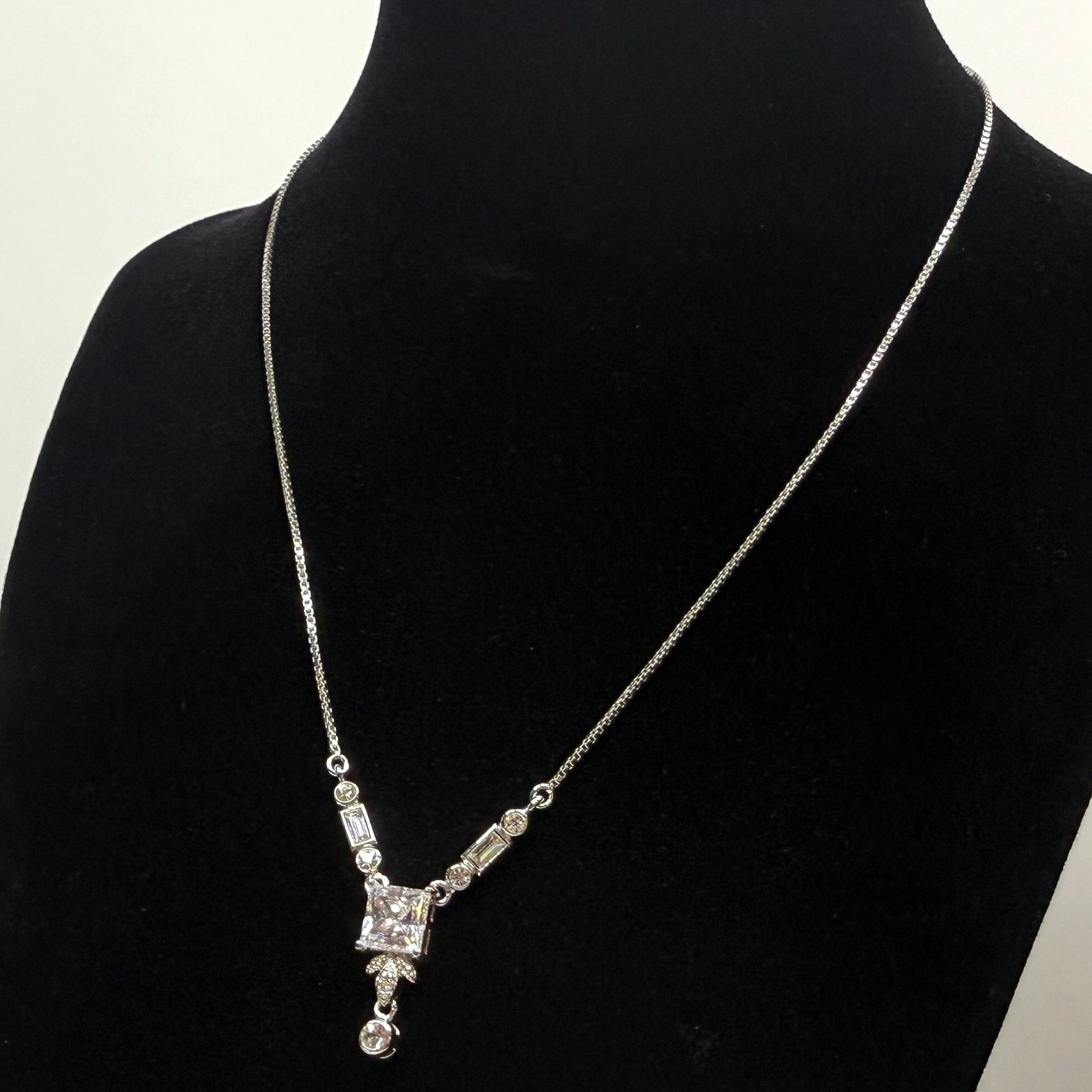 Princess Cut Cubic Zirconia CZ Y Drop Pendant Necklace Silver Tone Jewelry 8.5in