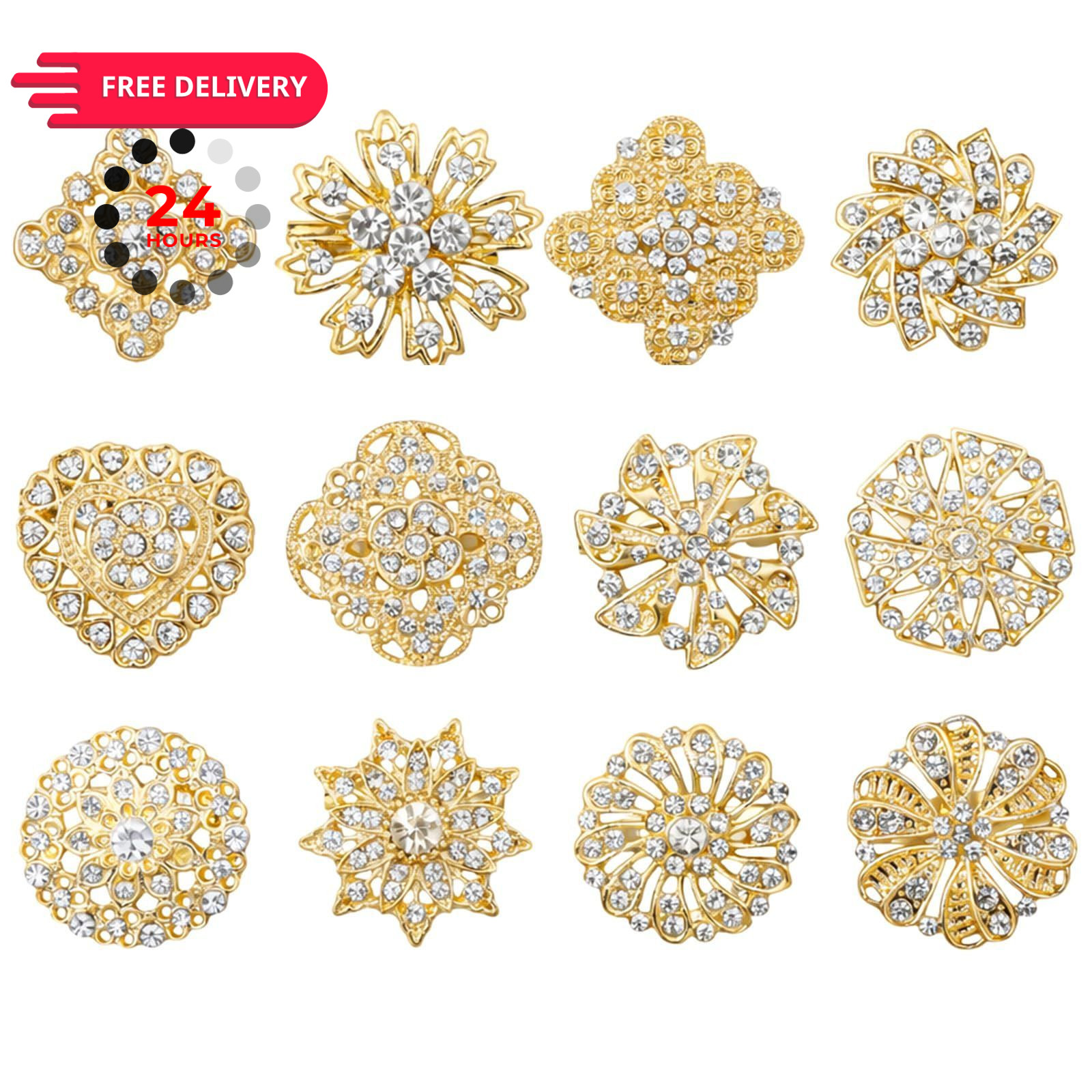12 Pieces Gold Crystal Wedding Bouquet Brooches for 2.4cm / 0.9inch, Sliver