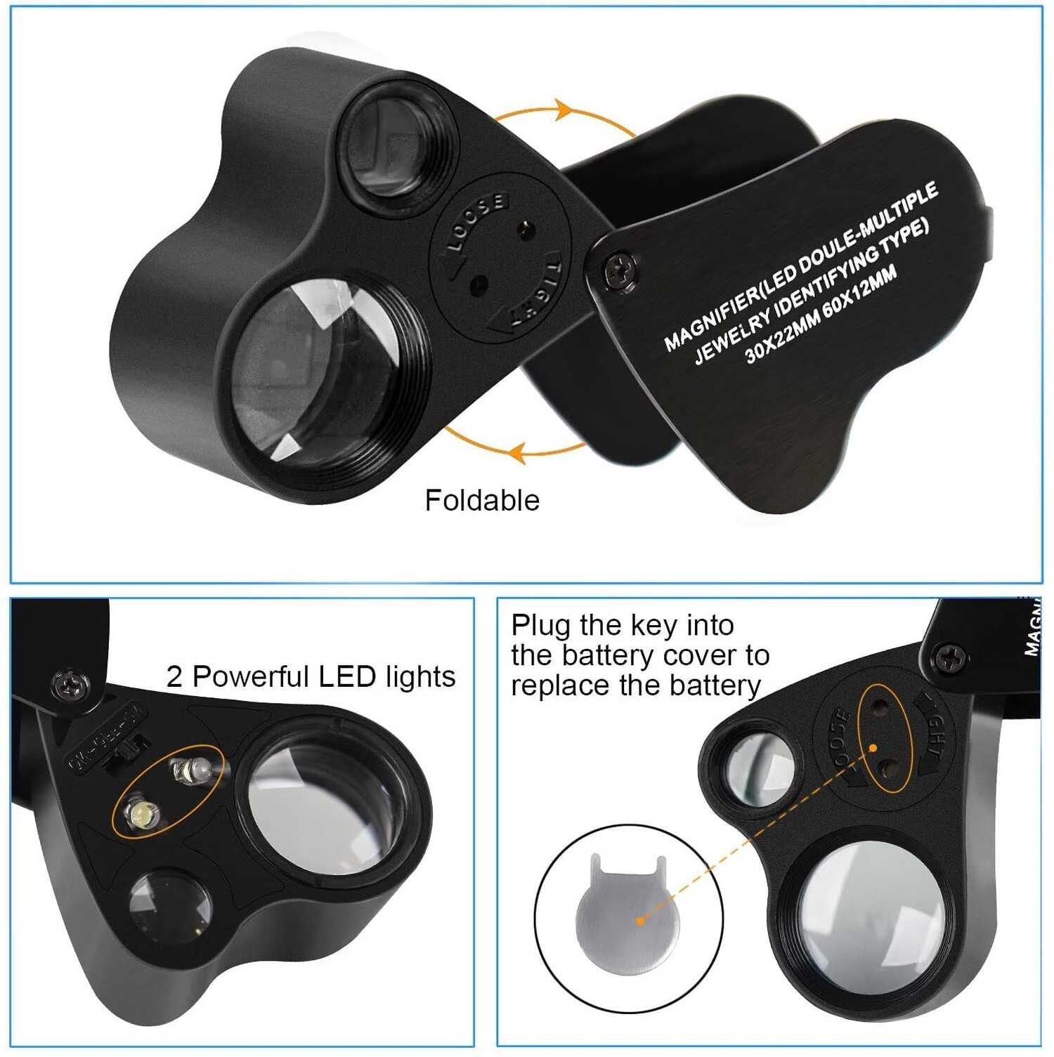 Jewelers Loupe, 2 Pack Magnifying Glass with Light, 30X 60X 90X Jewelers Loop…