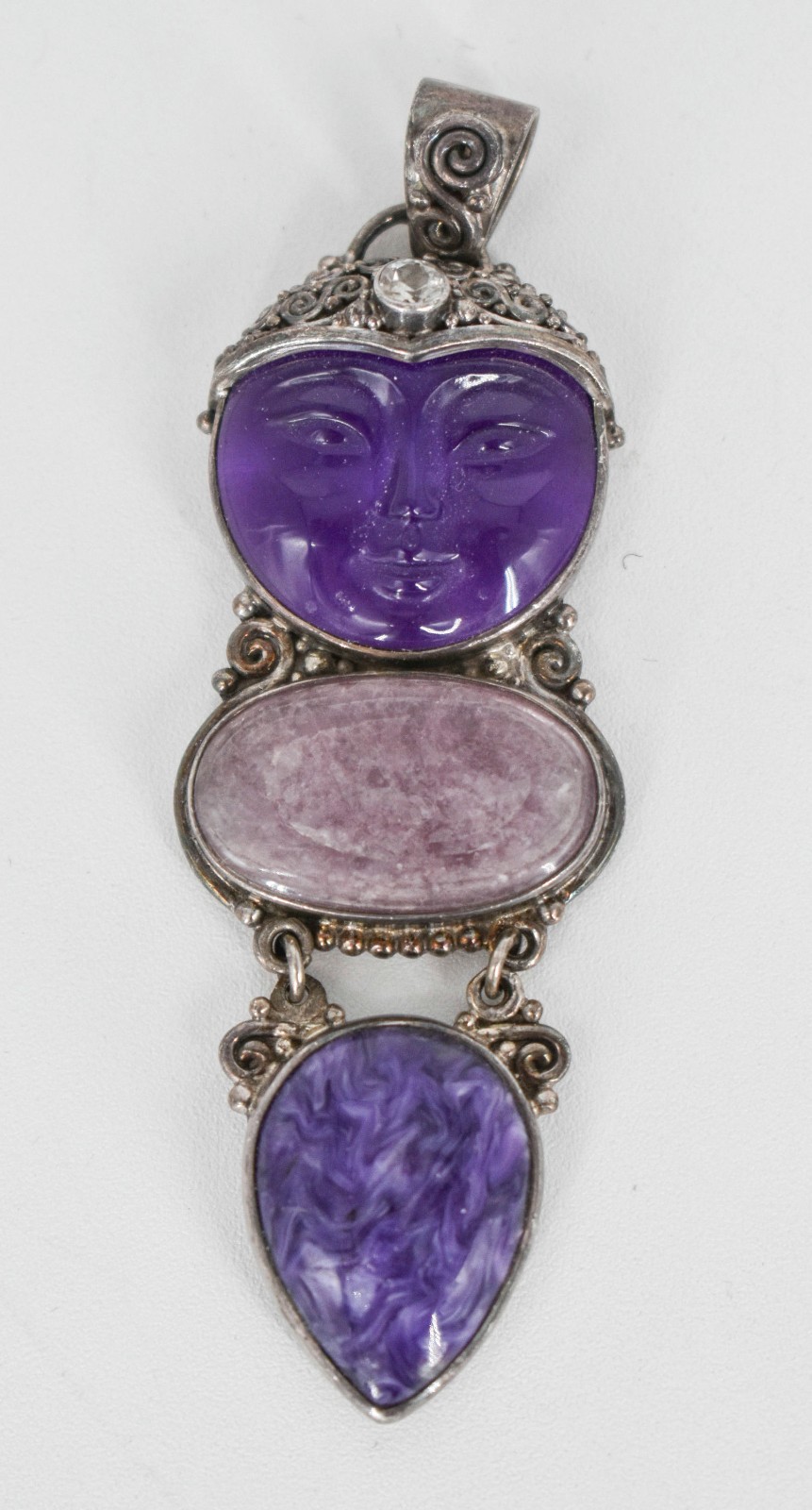 Sajen Sterling Silver 925 Carved Amethyst Fluorite Goddess Pendant