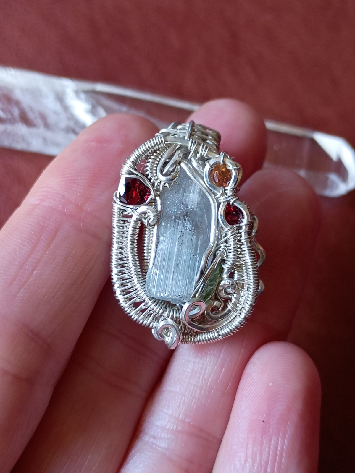 Handcrafted Wire Wrapped Aquamarine Crystal Sterling Silver Amulet Pendant