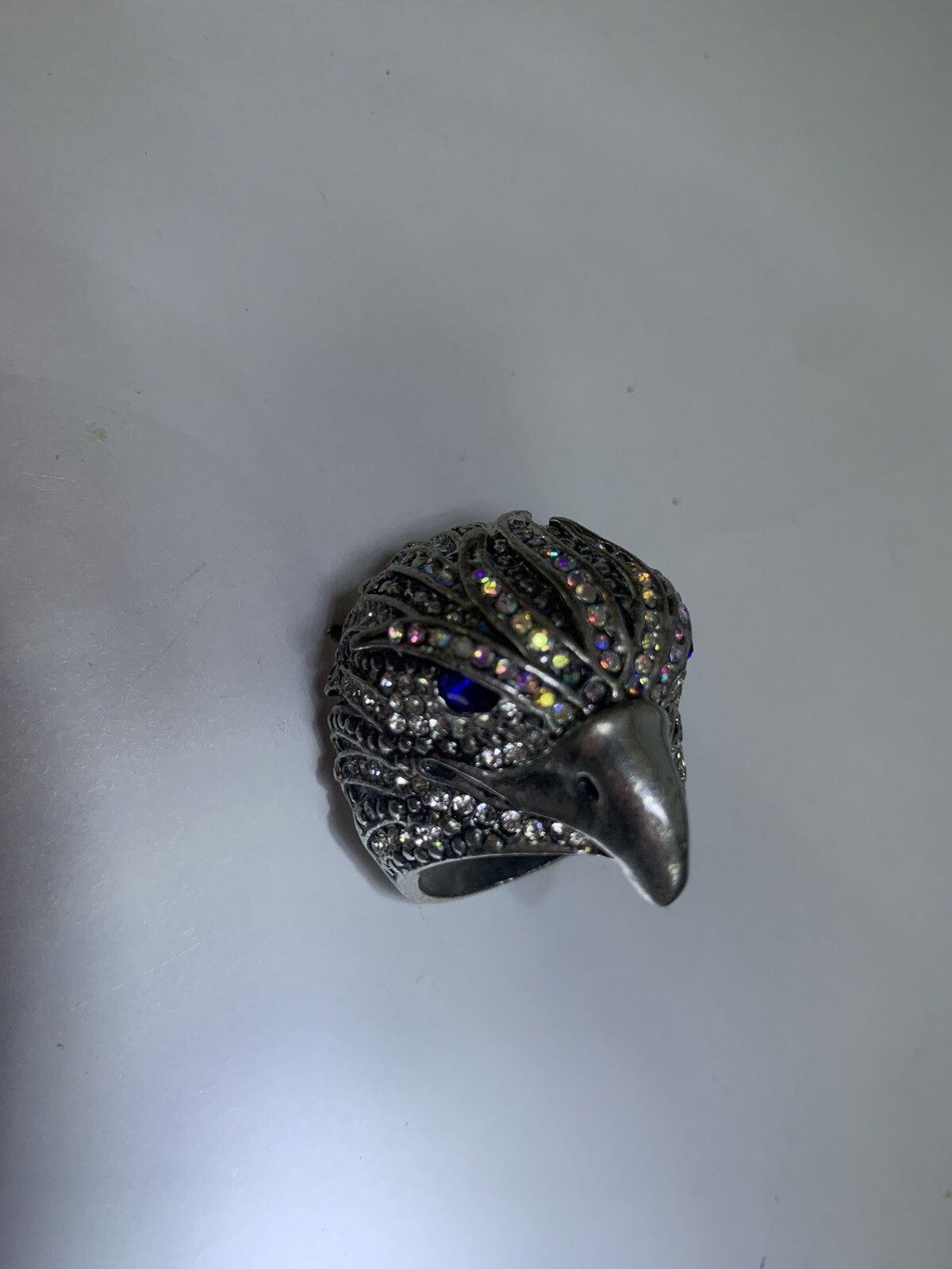 ST & Crystal Eagle Ring W/ Blue Sapphire Rhinestone Eyes, Aurora Borealis Crown