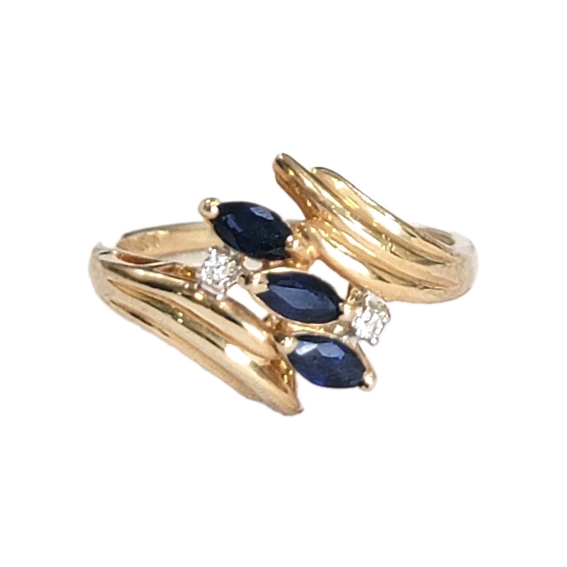 GORGEOUS 14k Ribbed Waves Bypass Blue Sapphire & Natrual Small Diamond Ring Sz 8