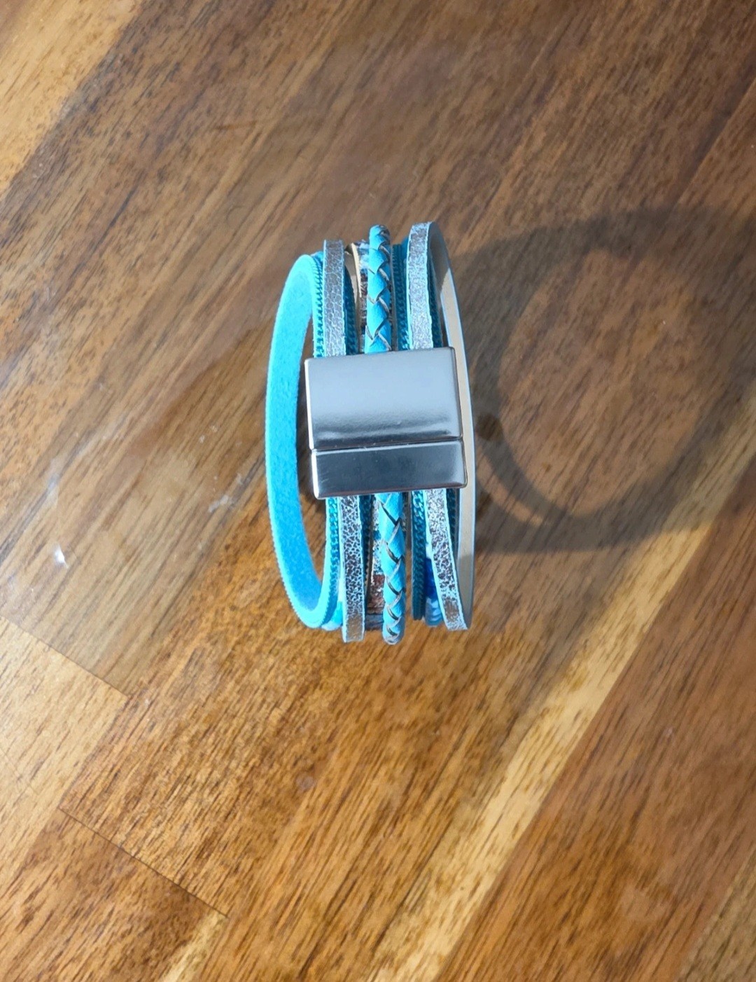 Turquoise Leather Wrap Bracelet, Multilayer Boho Cuff with Magnetic Clasp