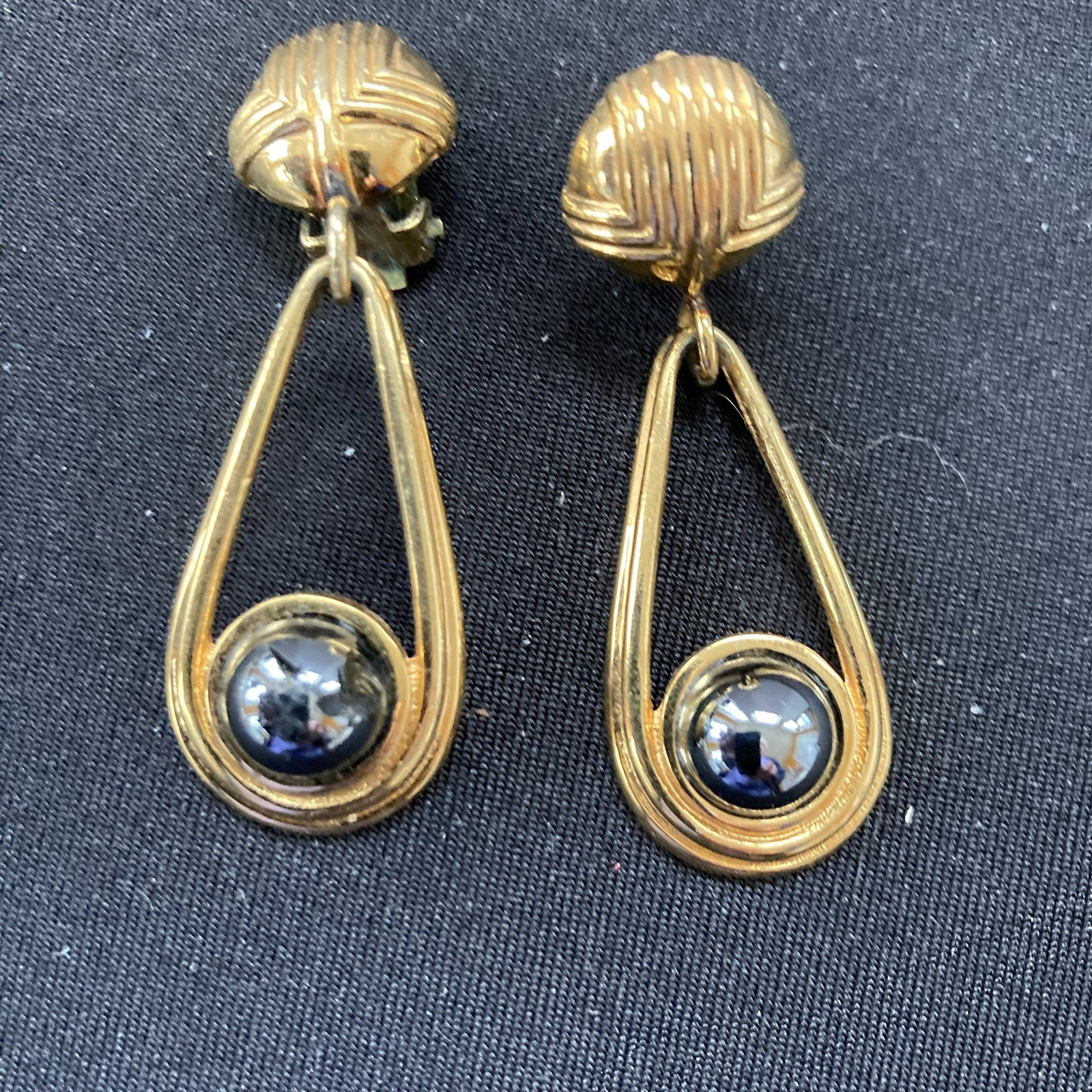 Vintage MCM Lanvin Gold Tone and hematite Dangle Clip On Earrings 1 3/4″
